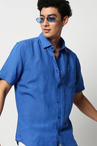 men's short sleeves solid blue shirt