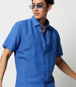 men's short sleeves solid blue shirt