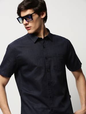 men's short sleeves solid navy blue shirt 1