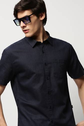 men's short sleeves solid navy blue shirt