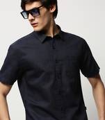 men's short sleeves solid navy blue shirt