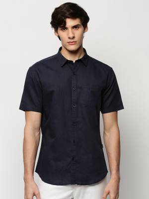 men's short sleeves solid navy blue shirt 2