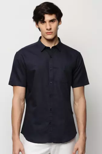 men's short sleeves solid navy blue shirt