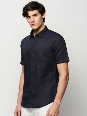 men's short sleeves solid navy blue shirt 3