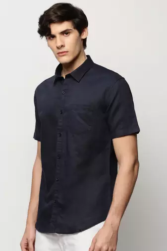 men's short sleeves solid navy blue shirt