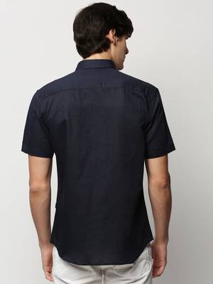 men's short sleeves solid navy blue shirt 4