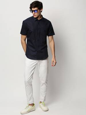 men's short sleeves solid navy blue shirt 5