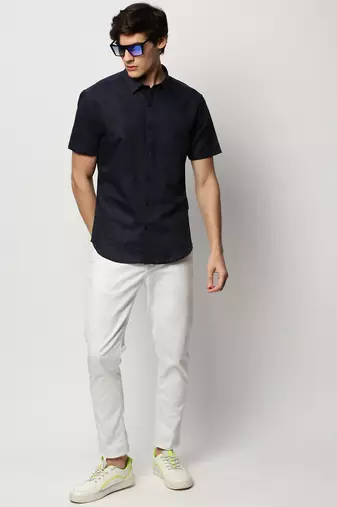 men's short sleeves solid navy blue shirt