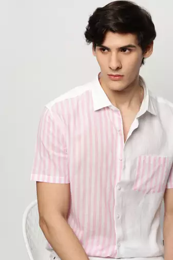 men's short sleeves vertical stripes white shirt