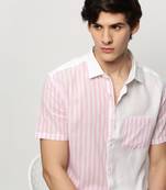 men's short sleeves vertical stripes white shirt