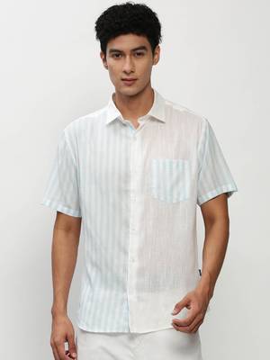 men's short sleeves vertical stripes white shirt 2