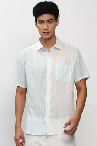 men's short sleeves vertical stripes white shirt