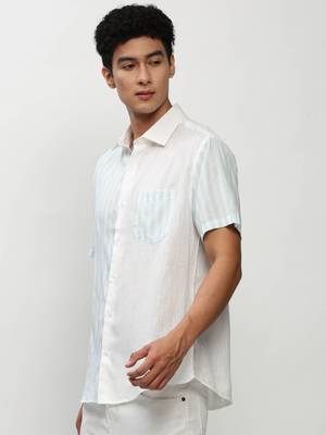 men's short sleeves vertical stripes white shirt 3