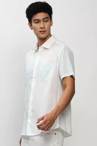 men's short sleeves vertical stripes white shirt