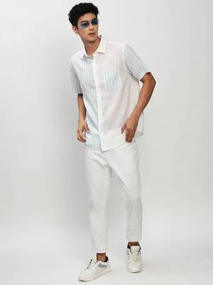 men's short sleeves vertical stripes white shirt 5