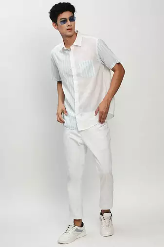 men's short sleeves vertical stripes white shirt