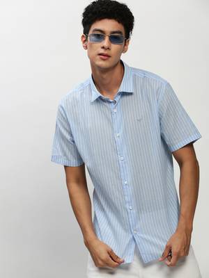 men's short sleeves vertical stripes blue shirt 1