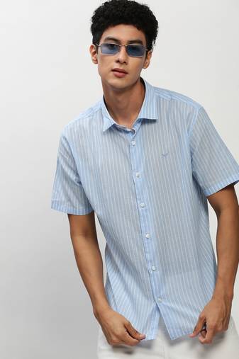 men's short sleeves vertical stripes blue shirt