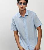 men's short sleeves vertical stripes blue shirt