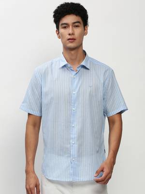 men's short sleeves vertical stripes blue shirt 2
