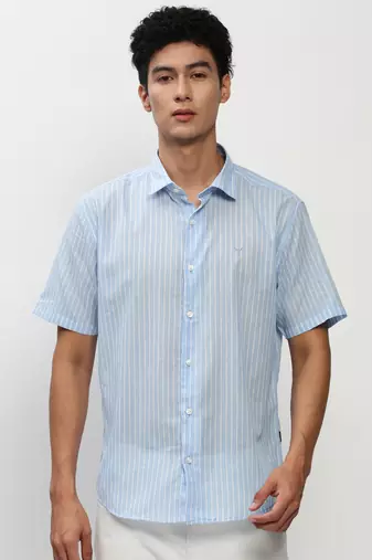 men's short sleeves vertical stripes blue shirt