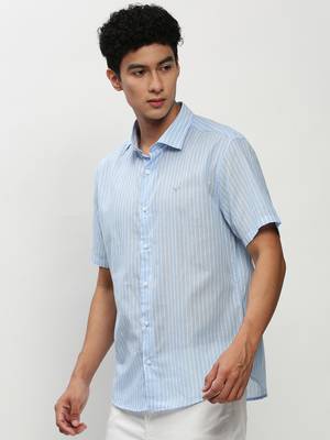 men's short sleeves vertical stripes blue shirt 3