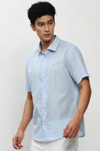 men's short sleeves vertical stripes blue shirt