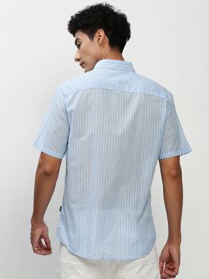 men's short sleeves vertical stripes blue shirt 4