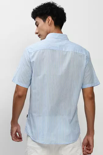 men's short sleeves vertical stripes blue shirt