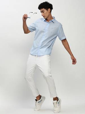 men's short sleeves vertical stripes blue shirt 5