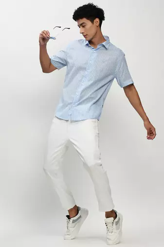 men's short sleeves vertical stripes blue shirt
