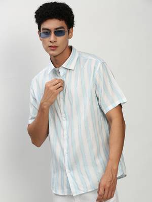 men's short sleeves vertical stripes white shirt 1