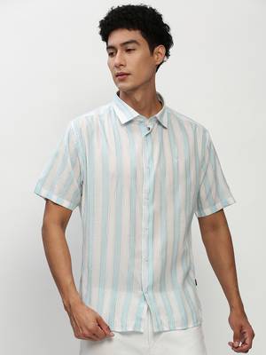 men's short sleeves vertical stripes white shirt 2