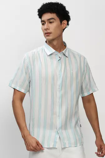 men's short sleeves vertical stripes white shirt