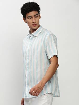 men's short sleeves vertical stripes white shirt 3