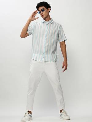 men's short sleeves vertical stripes white shirt 5
