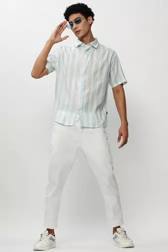 men's short sleeves vertical stripes white shirt