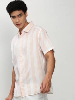 men's short sleeves vertical stripes white shirt 1