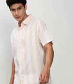 men's short sleeves vertical stripes white shirt