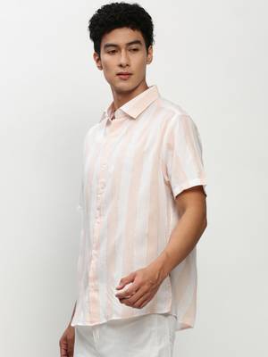 men's short sleeves vertical stripes white shirt 3