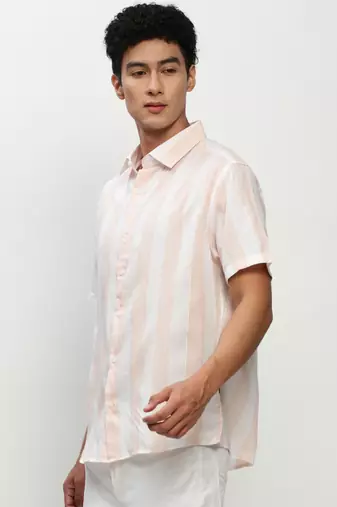 men's short sleeves vertical stripes white shirt