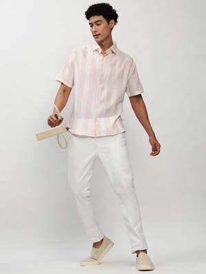 men's short sleeves vertical stripes white shirt 5