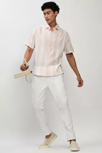 men's short sleeves vertical stripes white shirt