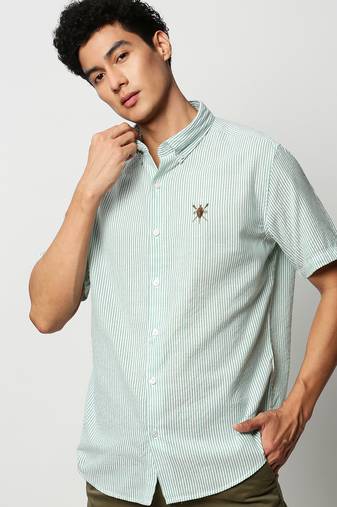 men's short sleeves vertical stripes green shirt
