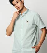 men's short sleeves vertical stripes green shirt