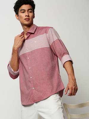 men's long sleeves horizontal stripes pink shirt 1