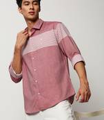 men's long sleeves horizontal stripes pink shirt