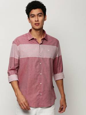men's long sleeves horizontal stripes pink shirt 2
