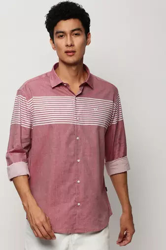 men's long sleeves horizontal stripes pink shirt