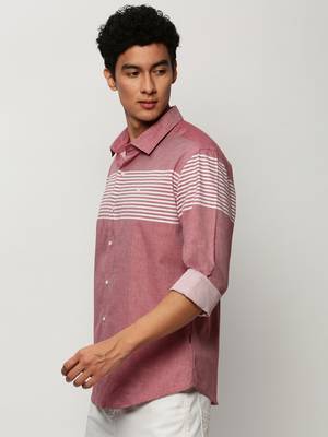 men's long sleeves horizontal stripes pink shirt 3
